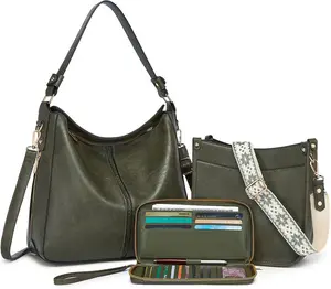 Women's 3PCS Olive Green Crossbody Bags Set Large Leather Purse Shoulder Handbags with Wallet Adjustable Straps for Ladies Tote in Olive Green