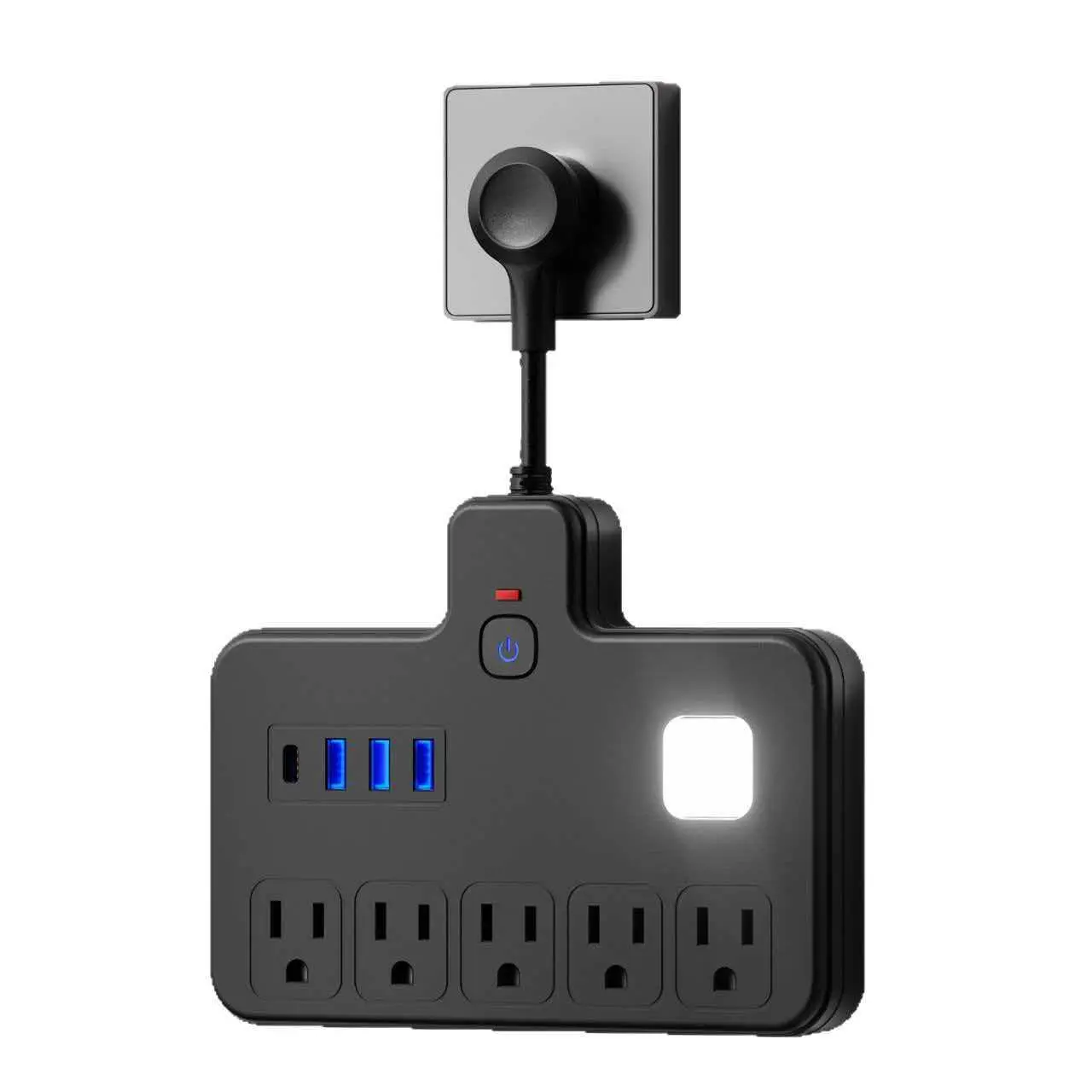 Multifunctional Outlet Power Strip - Compact Square Plastic Travel Model with 2500W Power, LED Night Light, Surge Protection, 5 Universal Sockets, 3 USB-A Ports, 1 Type-C Port, Fast Charging, Overload Safety for Bedroom, Office Use