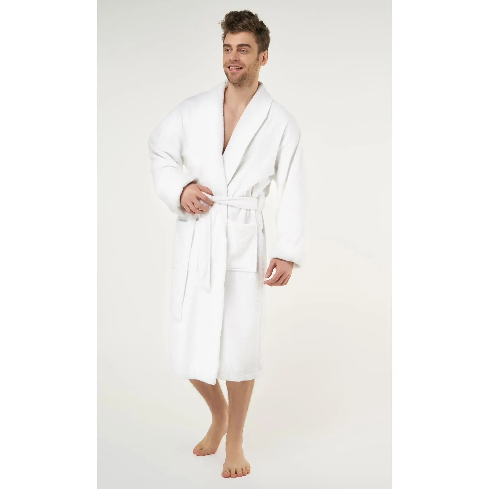 Turquaz Turkish Cotton Shawl Collar Terry Bathrobe Men White Plush