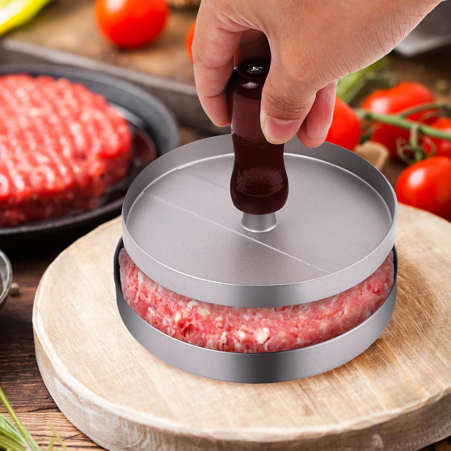 Non-Stick Handheld Round Burger Press Utensils - Thick, Smooth Patty Maker for Uniform Meat & Beef Forming, Essential Kitchen Tool for Home Cooking & Outdoor Grilling (Cheese Patty Compatible), 1 Pc, Home/Outdoor
