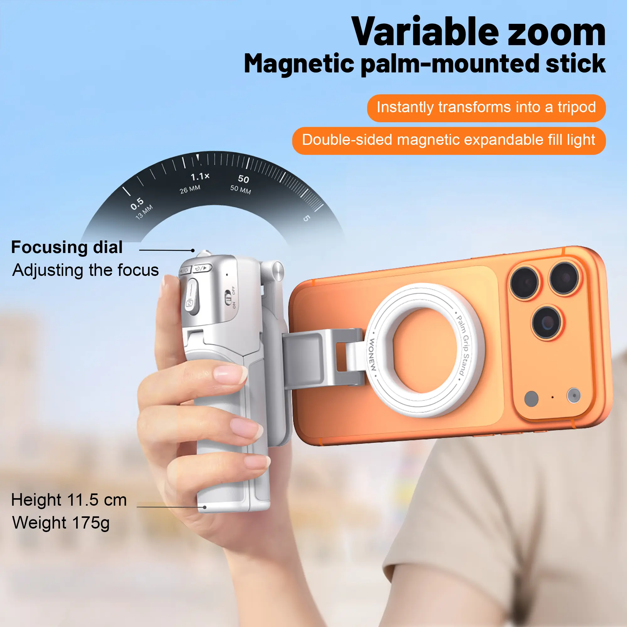 4-in-1 Magnetic Phone Stand: Selfie Stick + Tripod + Fill Light + Zoom Remote. Folds to 11.5cm, 175g. Magnetic mount, horizontal/vertical. Perfect for vlogging! with Adjustable