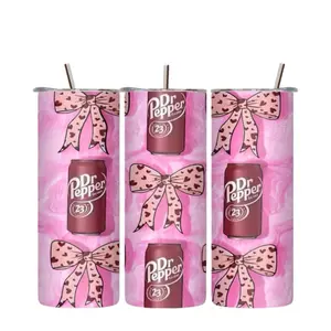 Dr. Pepper and Bows Tumbler - Classic Design with Bows - Includes Cup & Strap - Multicolor - Stylish Bottle, Drinkware Washable Reusable Portable Mug Bottled White