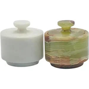 Premium Marble Salt Cellar with Lid 2 Pack 3.5 oz Kitchen Storage Container Elegant Cooking Salt Box Spice Jar Keeper for Counter (White Green)