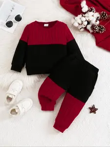 Baby Colorblock Knit Set, Outfit, Includes Top and Pants, Casual Fashion, Comfortable Warm Textured, Suitable for 0-12 Months, Gift Set