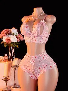 AESKEIA Perfect Valentine's Day Gift | Translucent Hollow Heart Lace Bralette & Low-Rise Panties Set with Adjustable Straps No Padding Sexy Lingerie | Perfect Womenswear with Backless Erotic Crotchless Sexy Elegant Cute Details