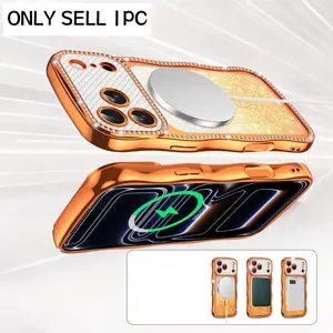 Electroplated Wave Magnetic Phone Case Shell with Heart Glitter Paper and Lens Film, Wireless Charging Support, Fashion Protective Cover for iPhone 13/14/15/16/17 pro/pro max/plus, Accessories