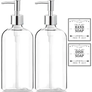 Clear Soap Dispenser 2 Pack 16oz Refillable Plastic Hand & Dish Soap Dispenser with Rust-Proof Pump, Waterproof Labels, Modern Soap Bottles for Kitchen Sink & Bathroom Countertop, Durable & Leak-Proof Design, Home Essentials