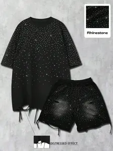 Men's Short Sleeve T-Shirt and Shorts Set, Casual Loose-Fit T-Shirt, Rhinestone Design, Daily Wear, Comfortable and Stylish