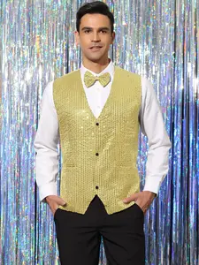 INSPIRE CHIC Men's Sequin Waistcoat Shiny Sleeveless Party Prom Dress Suit Vest with Bow Tie