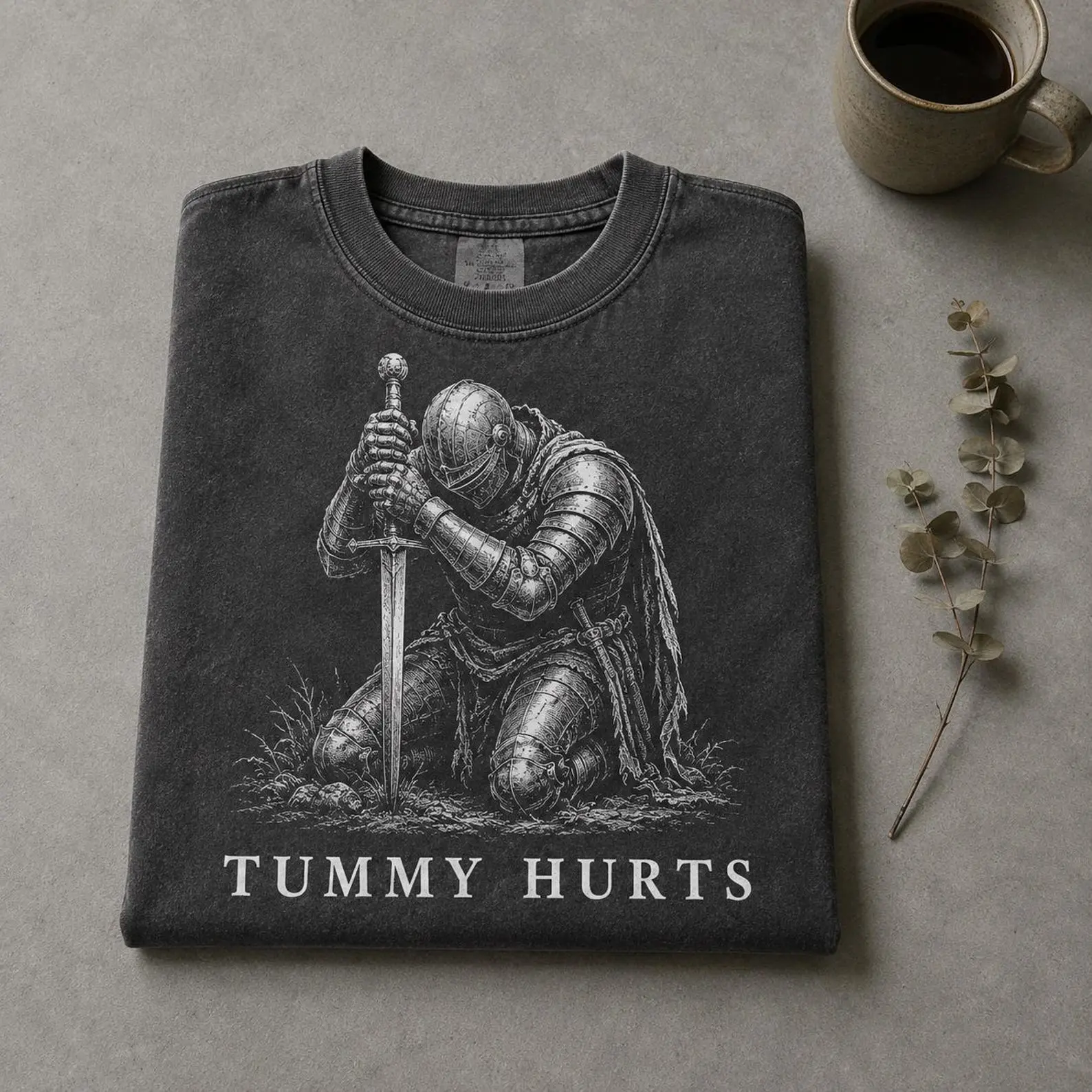 Comfort Colors Tummy Hurts Knight Graphic Tee Ironic Meme Shirt Vintage Wash Medieval Sketch Top Sarcastic Birthday Gift for Friend Apparel