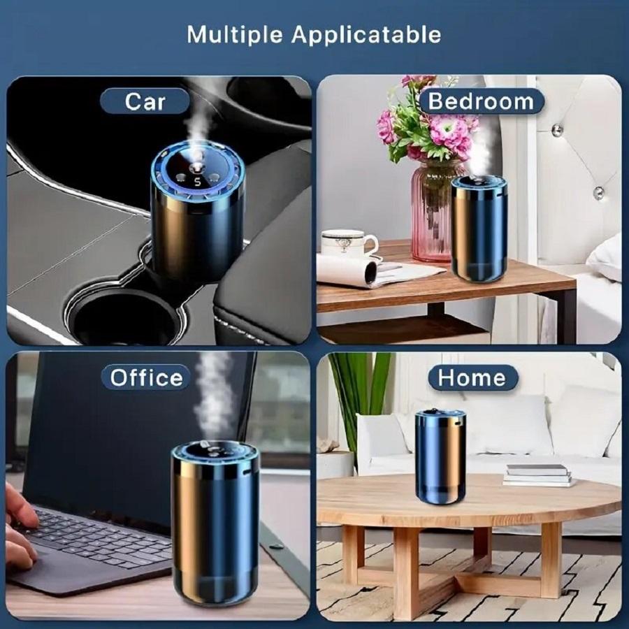 This smart car fragrance diffuser combines an air freshener, aromatherapy diffuser, humidifier, starry sky projector, and ambient lighting into one device. It can keep the air inside the car fresh for a long time