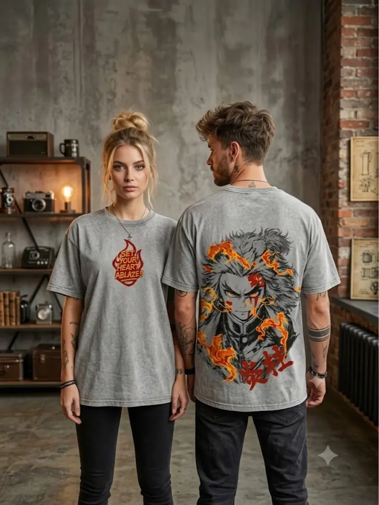 Retro Washed Flame Hashira Mugen Train Anime Printed Short Sleeve, Kyojuro Rengoku Commemorative T-Shirt, Fiery & Passionate Manga Graphic Design, Loose Streetwear Style, Unisex Casual Outfits, Trendy Gifts for Demon Slayer Fans Breathable Cotton