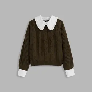Cider [size 2-10] Cable Knit Round Neckline Contrasting Binding Long Sleeve Sweater