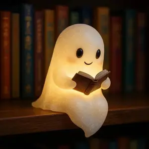 Cute Ghost Reading Book Night Light, Spooky Halloween Decorative Lamp, Resin Ghost Figurine Nightlight, Indoor Home Ornament, Desk & Bedroom Decoration