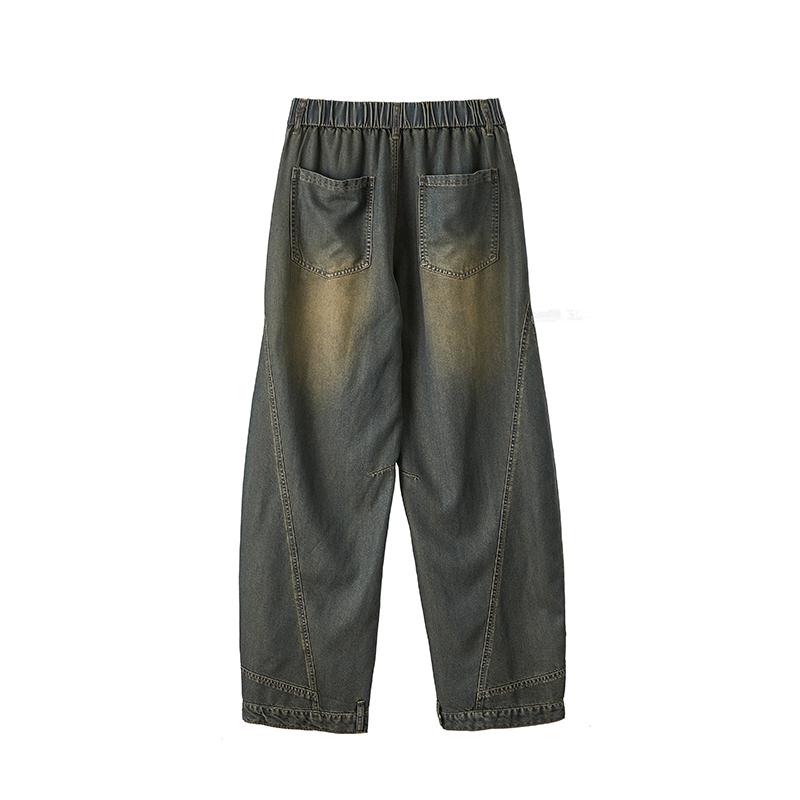 Men’s summer American vintage casual jeans, loose wide-leg curved cut, Lyocell fabric, comfortable fit