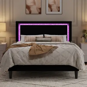SHA CERLIN Luxe Velvet Platform Bed Frame with LED Headband Rhinestone Trim, No Box Spring Needed, Full Queen King