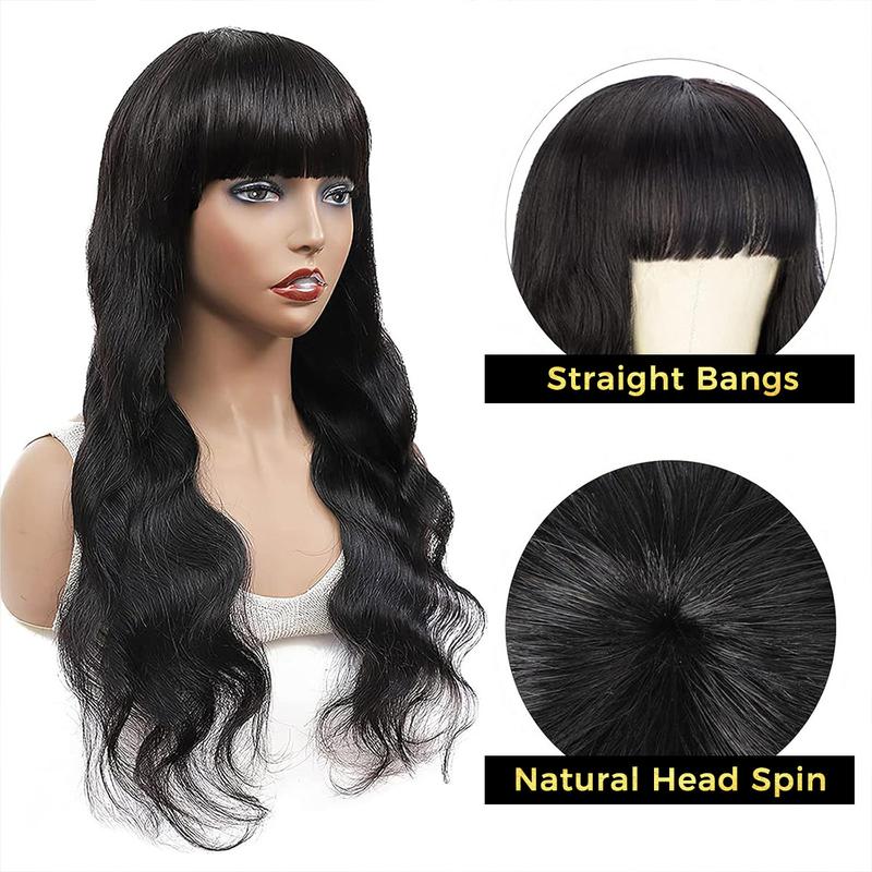 OQ HAIR Body Wave Wigs with Bangs Human Hair Wigs for Women None Lace Front Wigs 200% Density Brazilian Virgin Hair Glueless Machine Made Wig Natural Color