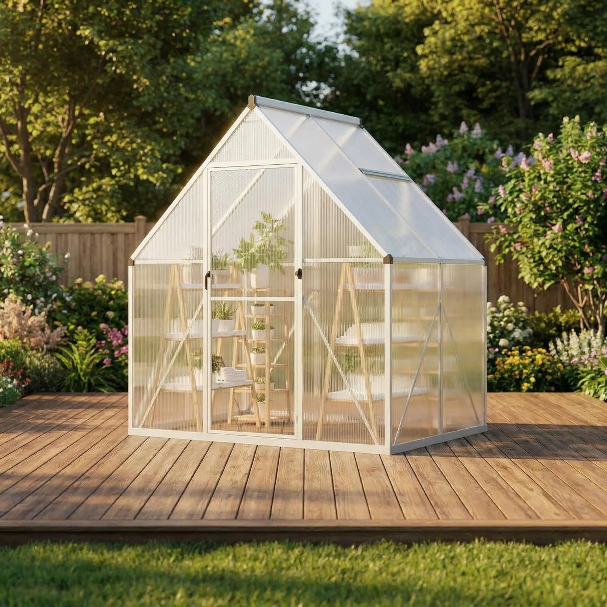 4mm UV-Protected Polycarbonate Walk-In Greenhouse Kit - Double Doors, Roof Vent, Gutter Drainage, Outdoor Garden Silver Clearance Greenhouse