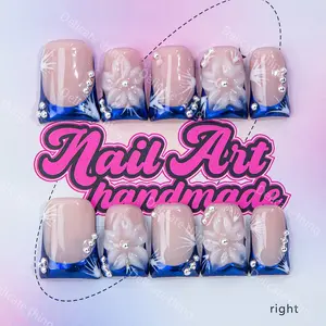 Delicatething Y2K Style Duckbill Nail Tips, Handmade French Design, Silver Color Beads, 4 Sizes XS S M L, Perfect Gift for Girls, Nail Art Design