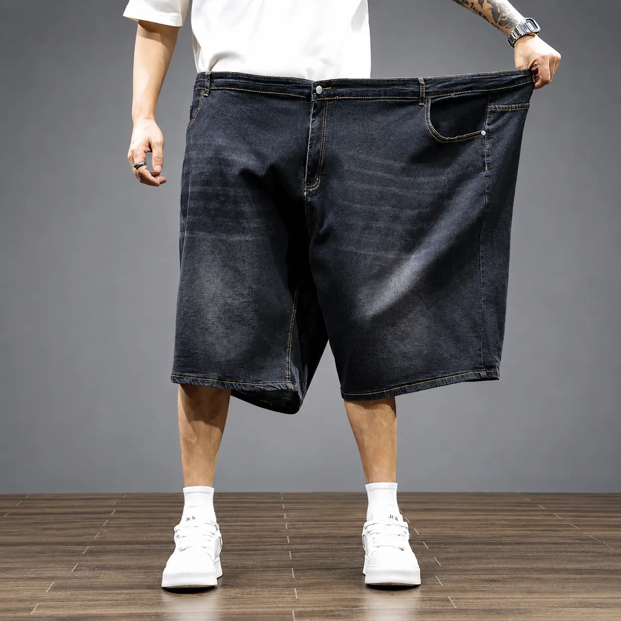 Men's Plain Loose Stretch Jeans Fabric Shorts - Charcoal Grey, Beige, Plus Size, Menswear Oversized Jean Jorts, Long Baggy Style, Jeans Fabric Men's Shorts