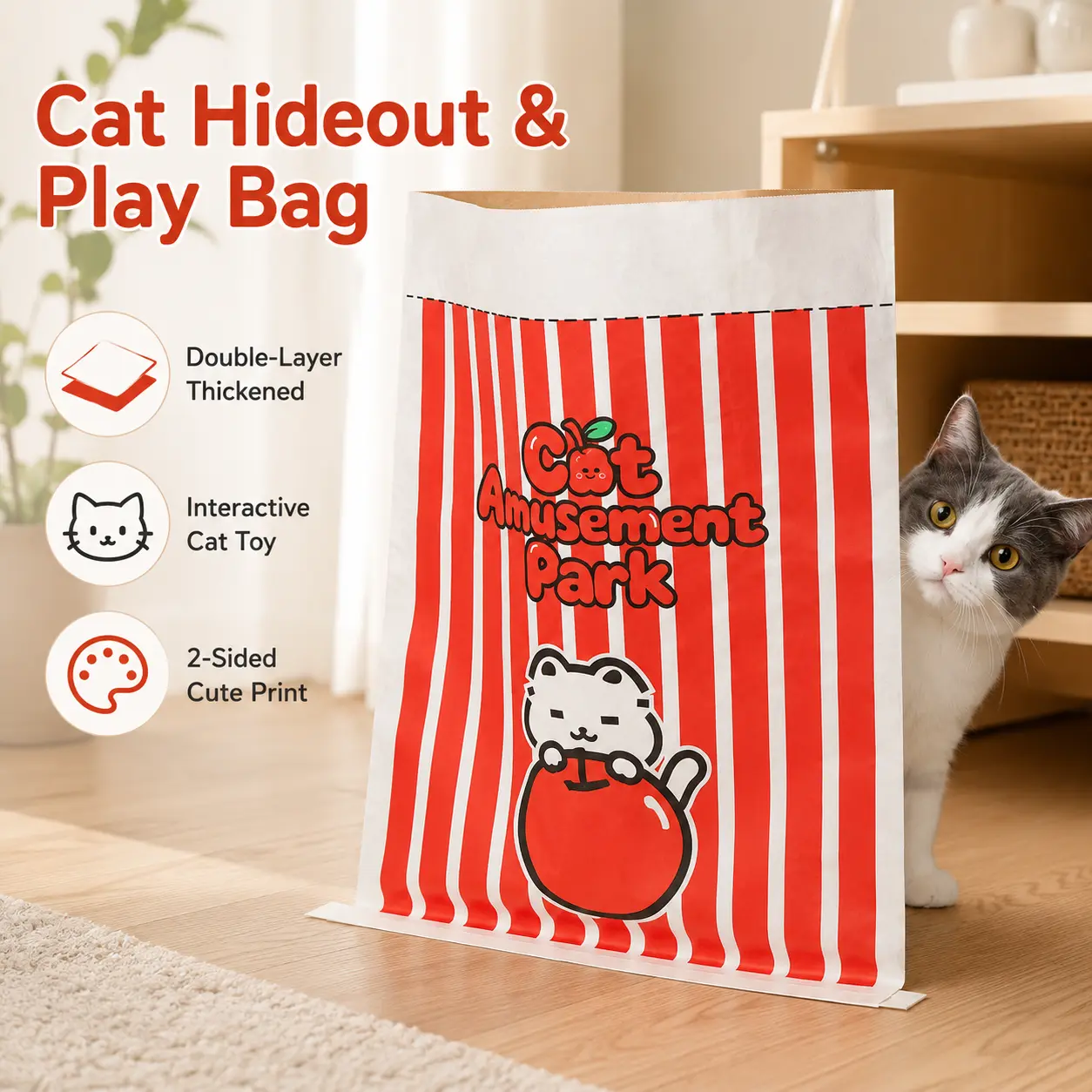Cat Paper Bag Hideout & Play Bag, Double-Layer Thickened Crinkle Cat Toy, 2-Sided Cute Print Cat Cave Nest for Indoor Cats & Kittens