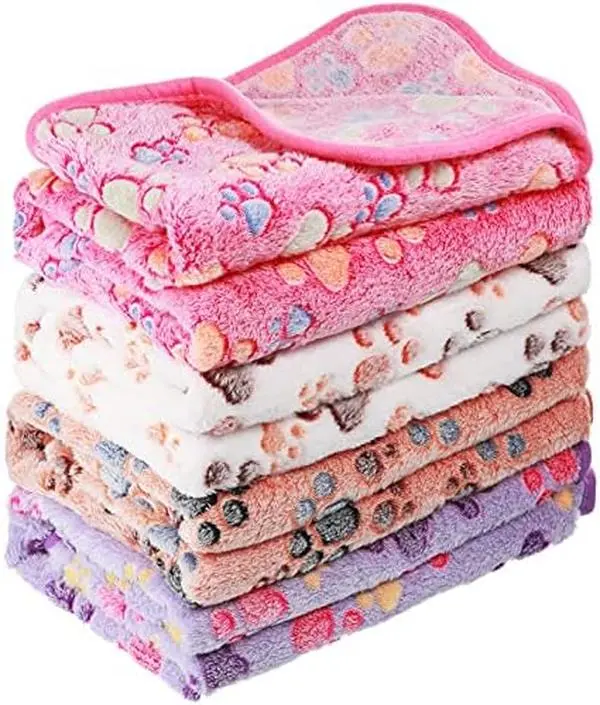 4 Pack Fleece Dog Blankets for Puppy Cats Multi-Size Sleep Mat for Pet Guinea Pig Soft Washable Warm Crate Bed Puppy Teething Toys Print Pattern Blanket Indoor(Mixed Color,24 x 16 Inch,Paw)