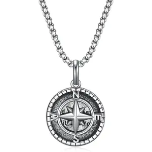 Stainless Steel Engraved Compass Pendant Necklace for Men Women