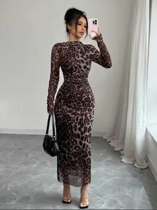 Elegant Chic Leopard Print Mesh Ruched Bodycon Dress, Long Sleeve Slim Fit Women's Autumn Winter Fashion, Stylish Ladies Formal Evening Wear Womenswear, Elegant Evening Gown