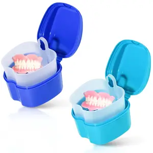 2 Pack Colors Denture Bath Case Cup Box Holder Storage Soak Container with Strainer Basket for Travel Cleaning (Light Blue and Blue) KISEER