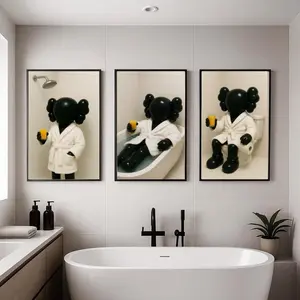 Set of 3 Black Kaws in Shower & Bathroom, Poster Print Unframed, Kaws Poster, HypeBeast Prints, Washroom Wall Art, Bathroom Decor, Kaws Art Print
