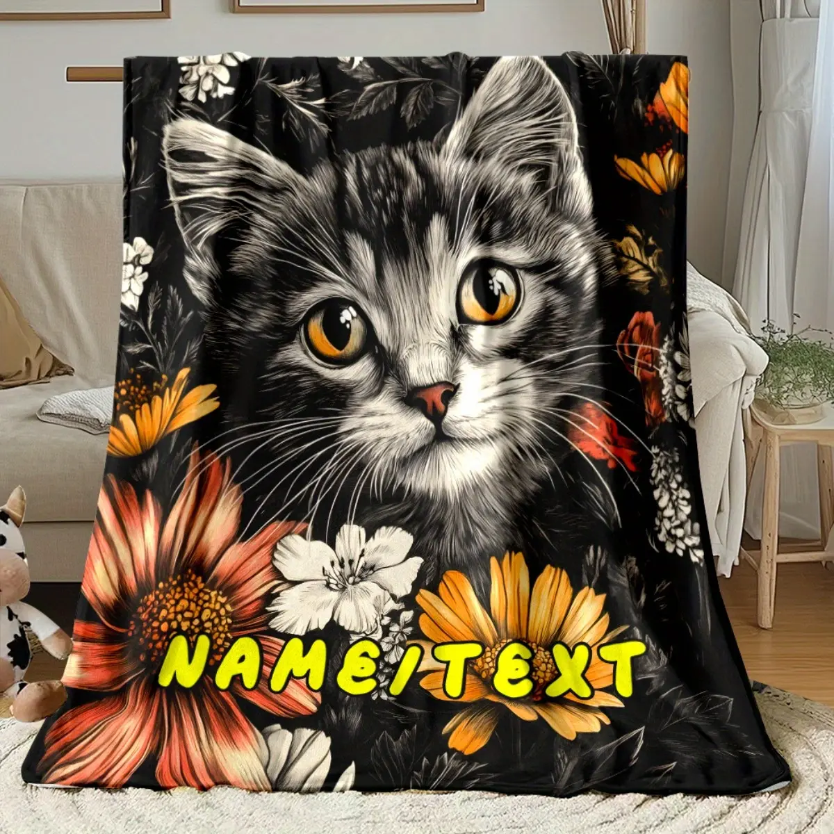 1pc Customized Floral Print Cat Name Blanket for Animals, Personalized Text/Name, 280gsm Soft Flannel-like Fabric, Lightweight All-Season Throw, Vibrant Bedspread, Pet Lover Home Supply Decor Gift