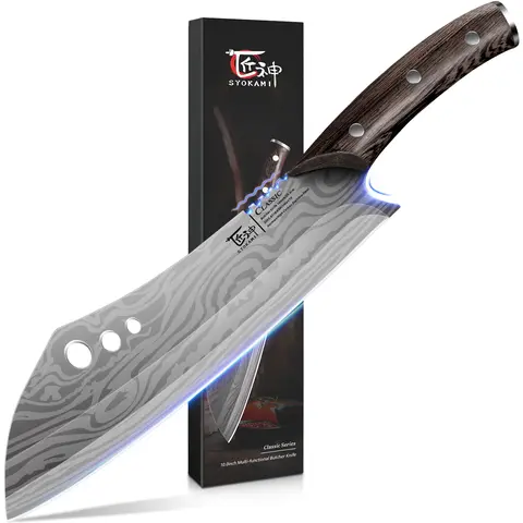 SYOKAMI 10-Inch Japanese High Carbon Steel Butcher Knife Chopper - Kitchen Utensil with Herb Stripper, Anti-Slip Teeth, 1in Handle Measure, Full Tang Wood Damascus Pattern - Gift for Weddings, Birthdays, Anniversaries, Utensils
