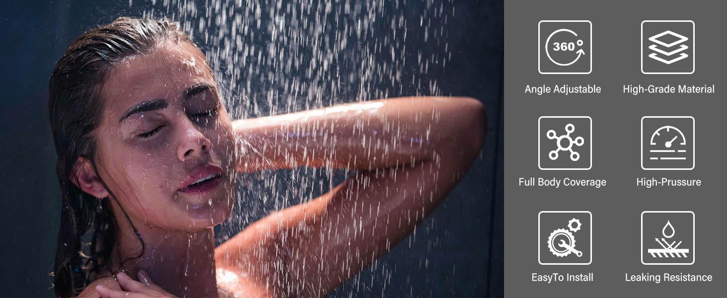 LED Rainfall Shower Head 12/16 Inch High Pressure Rotatable Ball Anti-Leak Easy Install for Water Temp Control Modern Square Matte Black Stainless Steel