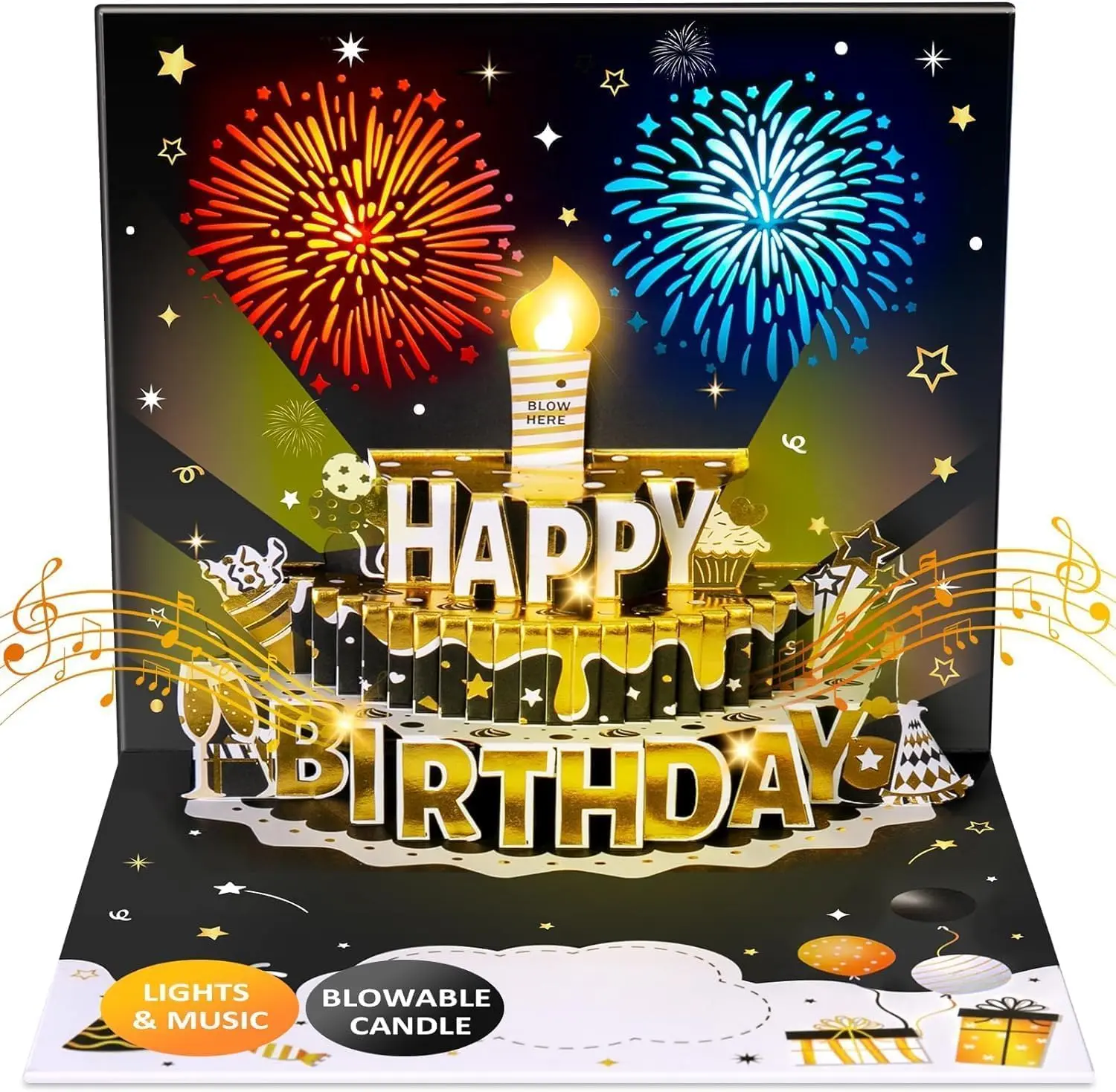 Birthday Cards Fireworks Pop Up Cake Light and Music Black and Gold Happy Birthday Card Gift for Husband, Men, Women, Mom, Grandma
