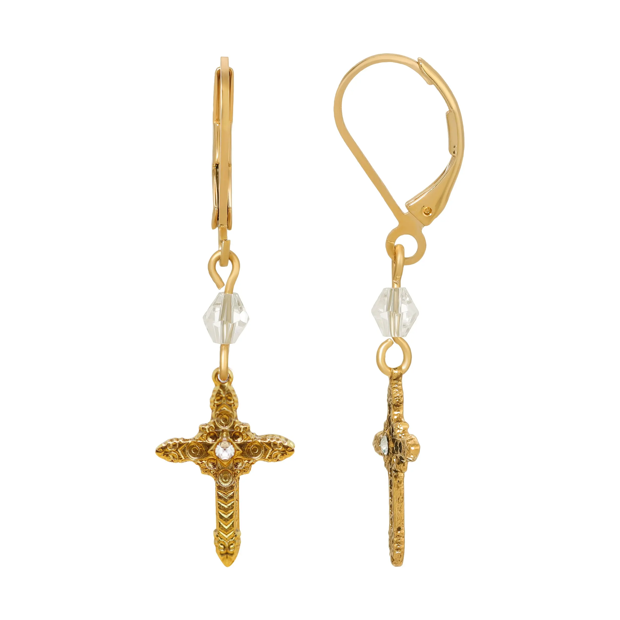 Ornate Cross With Crystal & Lantern Bead Dangling Earrings