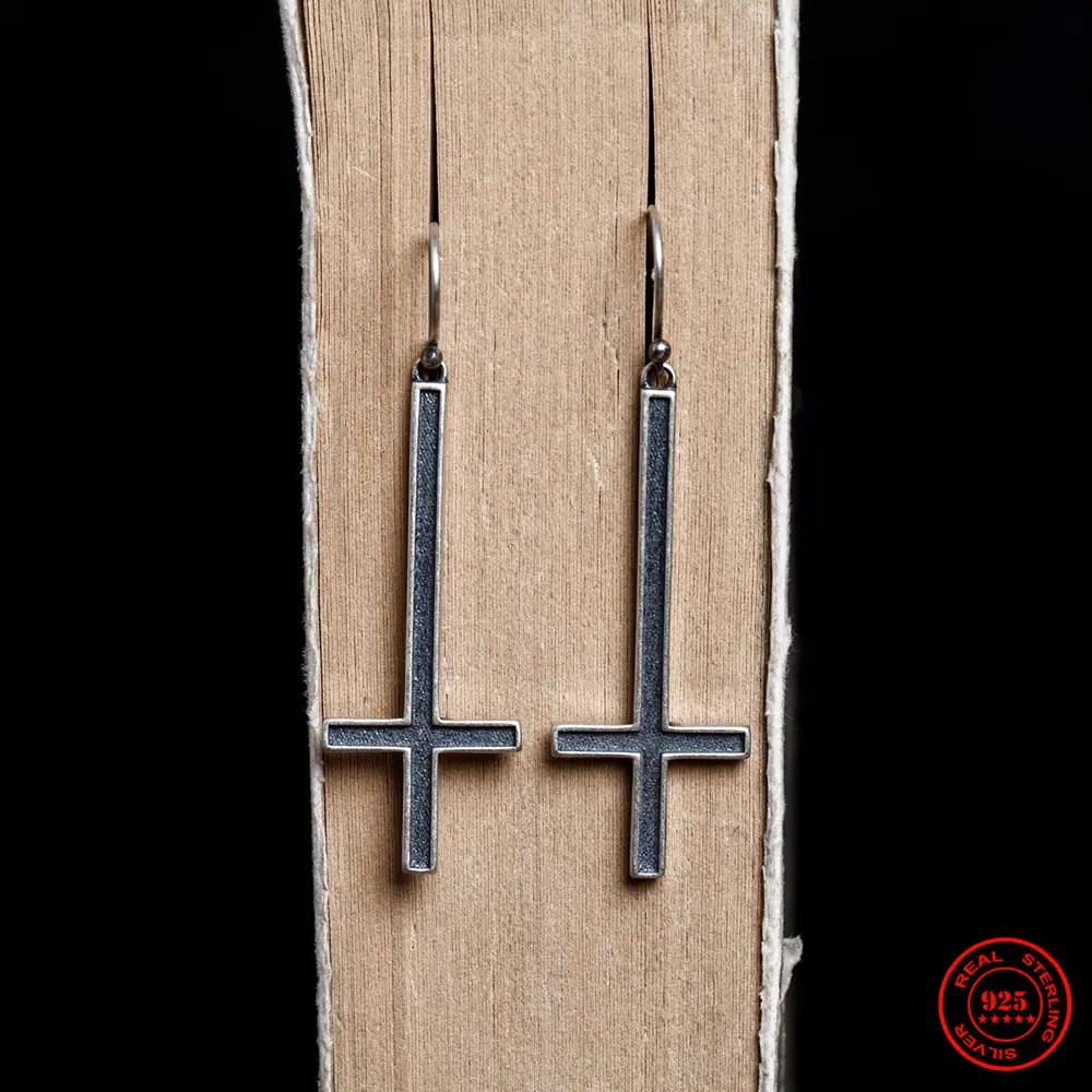 New 2026 100% 925 Sterling Silver Creative Retro inverted cross Drop Earrings Punk Street Style Men Women Pray Jeweley
