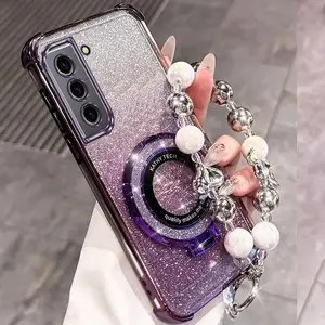 S21 Mom Series Fashion Strap Lanyard Phone Holder Case For Compatible With Samsung Galaxy S21 5G PC Cover and Elegant Glittery Bling Style Glitter Protector Cases