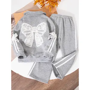 Girls' Autumn And Winter New Fashion Thin Velvet Lapel Lace Bow Zipper Jacket Flared Trousers Two-Piece Suit, for Outdoor