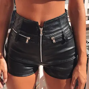 Black PU Leather Fashion Shorts Women Clothing Goth Hotpants High Waisted Zipper Shorts Y2k Short Pants Clubwear Womenswear