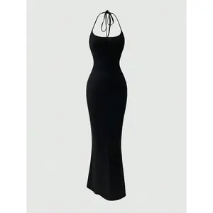 Sweetra Women Fitted Halter Mermaid Dress, Black Maxi Women Outfit
