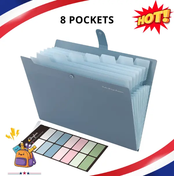 Expanding File Organizer with 8 Pockets, Accordion File Folder with Labels, Portable Document Organizer for Papers, Bills & Receipts, Back to School Office Supplies