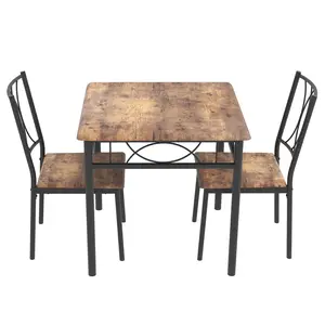 【GARVEE】3-Piece Rustic Brown Metal and Wood Dining Set for 2 - Rectangular Kitchen and Breakfast Table with 2 Chairs, Retro Style Compact Dining Furniture