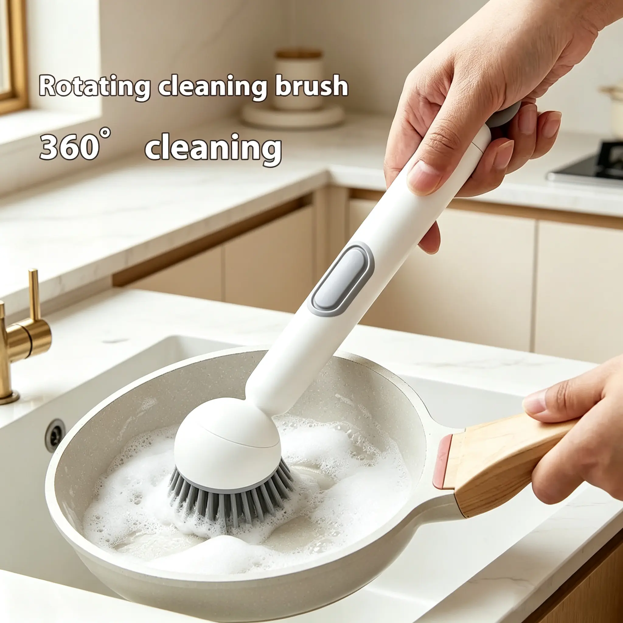 6-in-1 Comfortable ABS Kitchen Scrub Brush with Soap Dispenser, Adjustable-Rotatable Handle, Wall-Mounted Design & Scouring Pad, for Dishes & Sinks