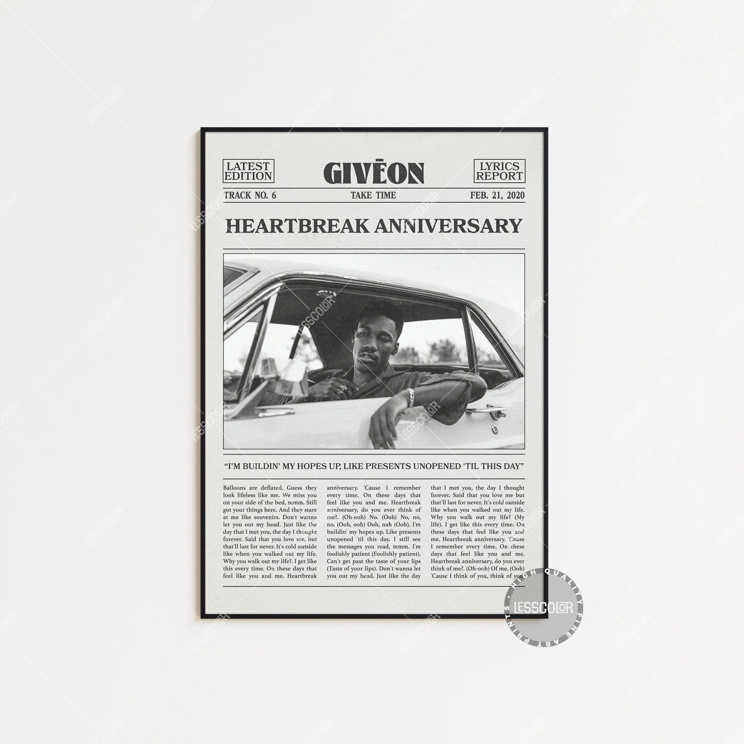 Retro Giveon Retro Newspaper Print, Heartbreak Anniversary Poster No Frame, Lyrics Print, Take Time Poster, Black And White Wall Art