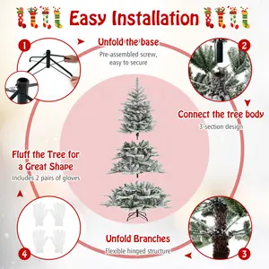 COSTWAY - 6 Feet Snow Flocked Artificial Christmas Tree with Cool White LED Lights