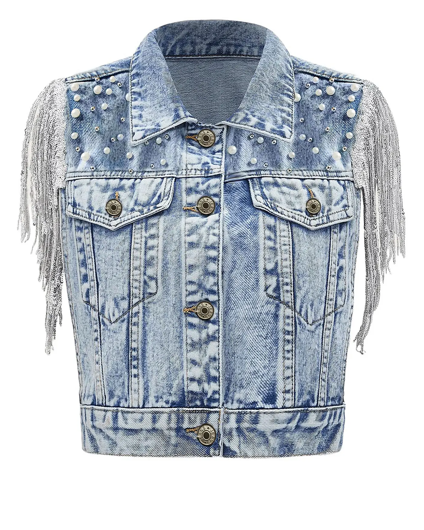 Women's Pearls Beading Denim Vest Sleeveless Sequin Fringe Tassel Western Cowgirl Jean Vest