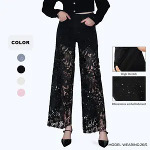 High Waist Wide Leg Lace Denim Jeans for Women Stretchy Rhinestone Black Pants Summer Style Cotton Viscose Polyester Trouser Gift BBL #SummerVibes