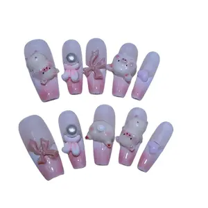 E48 Long peach pink Piglet hand removable press on nails acrylic  press  nails
