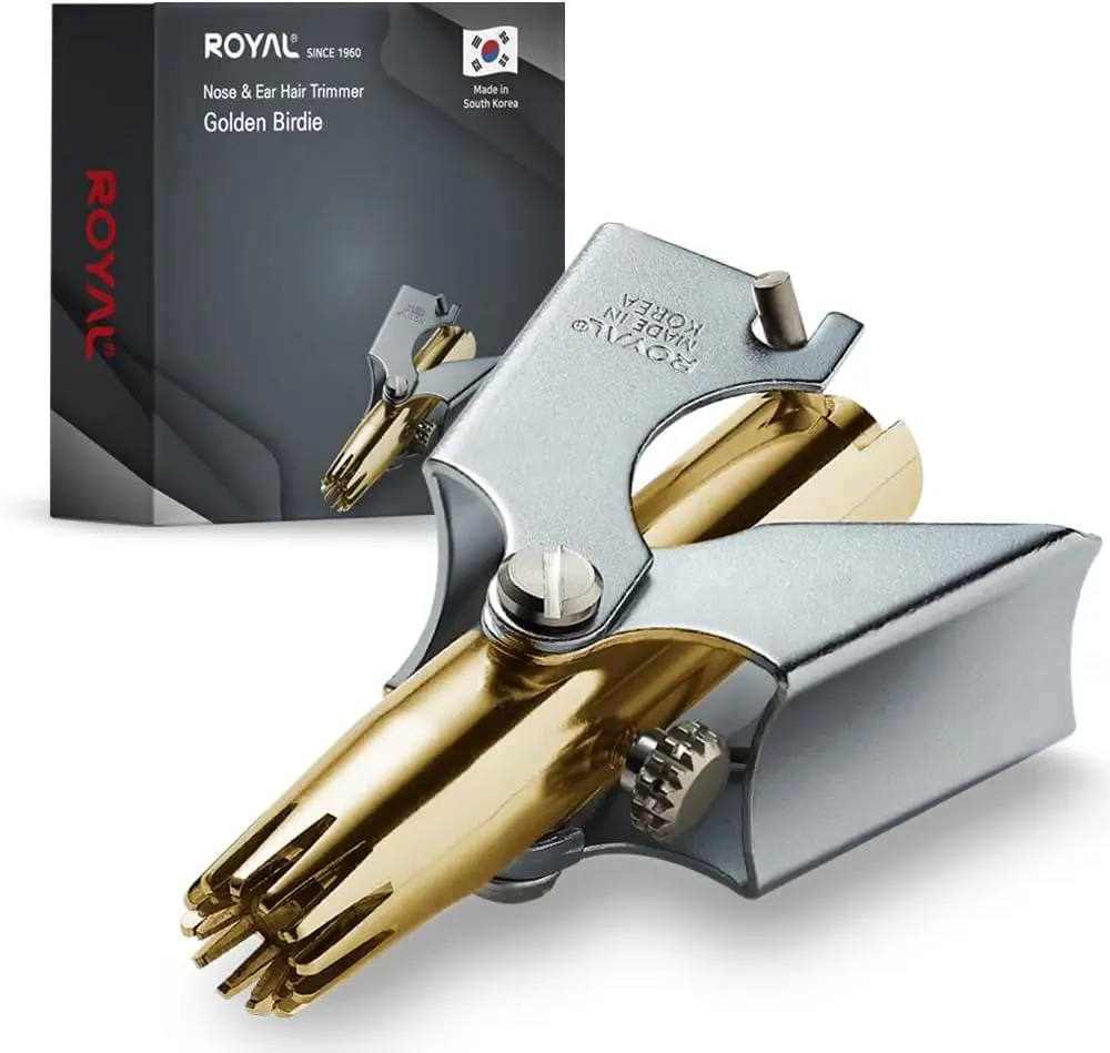 Gold Nose Hair Trimmer for Men, Golden Birdie, Allergy-Free, Manual, Battery-Free, Waterproof, Painless with Twelve Dual-Edged Blades, Patented Mechanism ET-4PG ROYAL