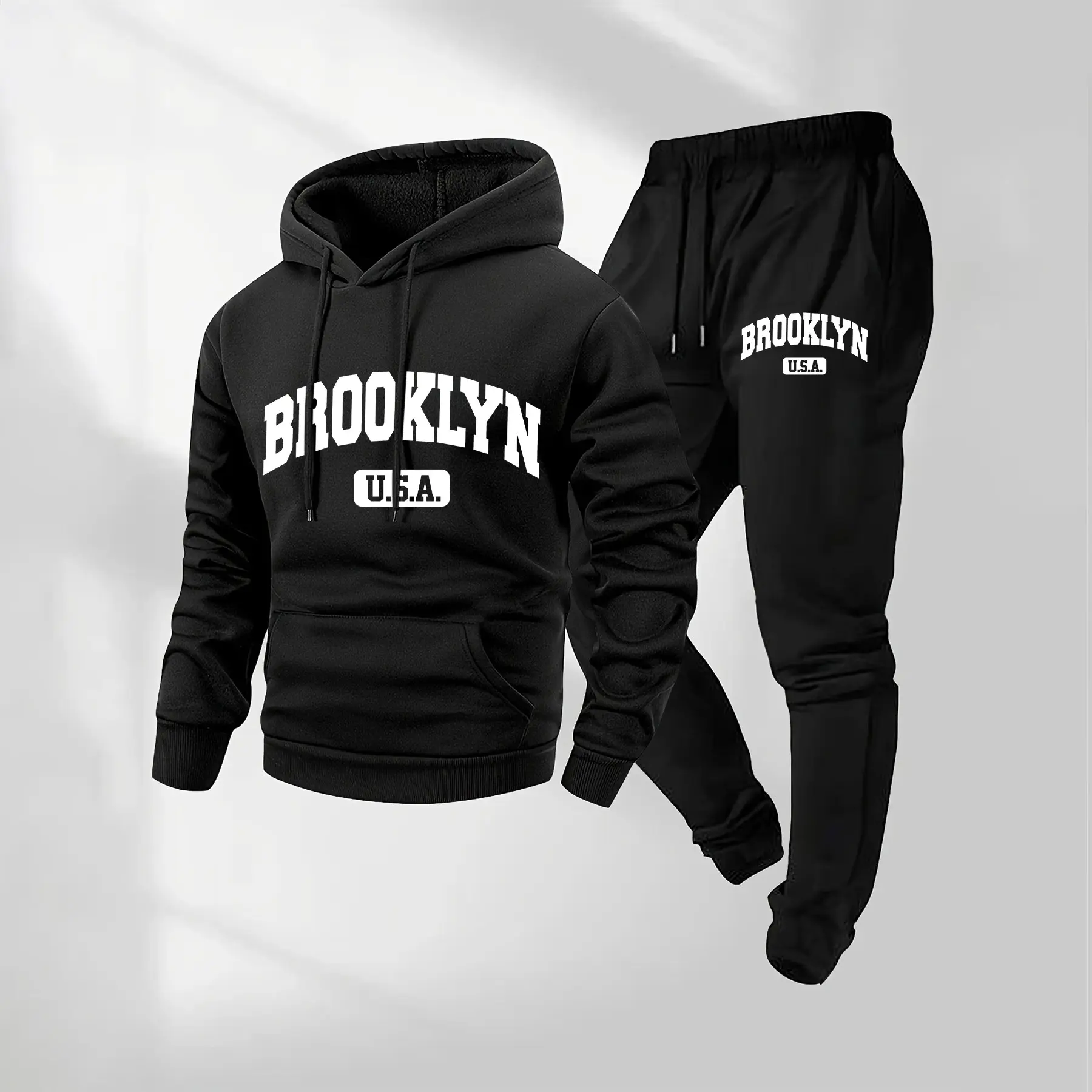 Men's 2-Piece Athleisure Wear Set - Casual, Sporty, Breathable Brooklyn Letter Print Hoodie and Loose-Fitting Polyester Joggers, Breathable Tracksuit, Long Sleeve Shirt, Male Set